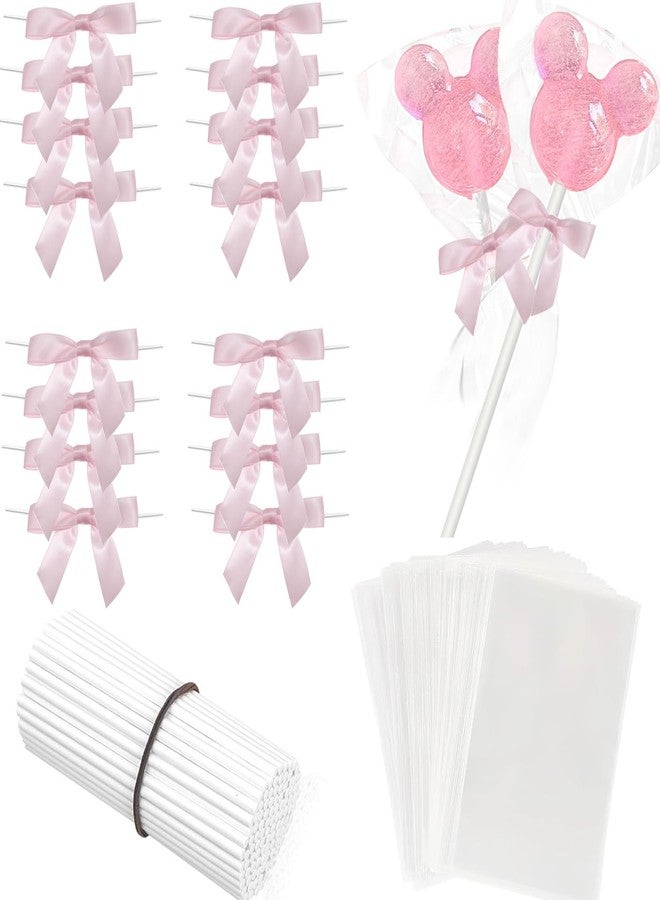 Moonlik 300Pcs cake pop sticks and Treat Bags Kit Including 100 Cakepop Wrappers with 100 Pink Bow Ties and 100 Lollipop Sticks for Rice Krispies, Candies, Chocolate, Wedding Baby Shower Packaging - Image 1