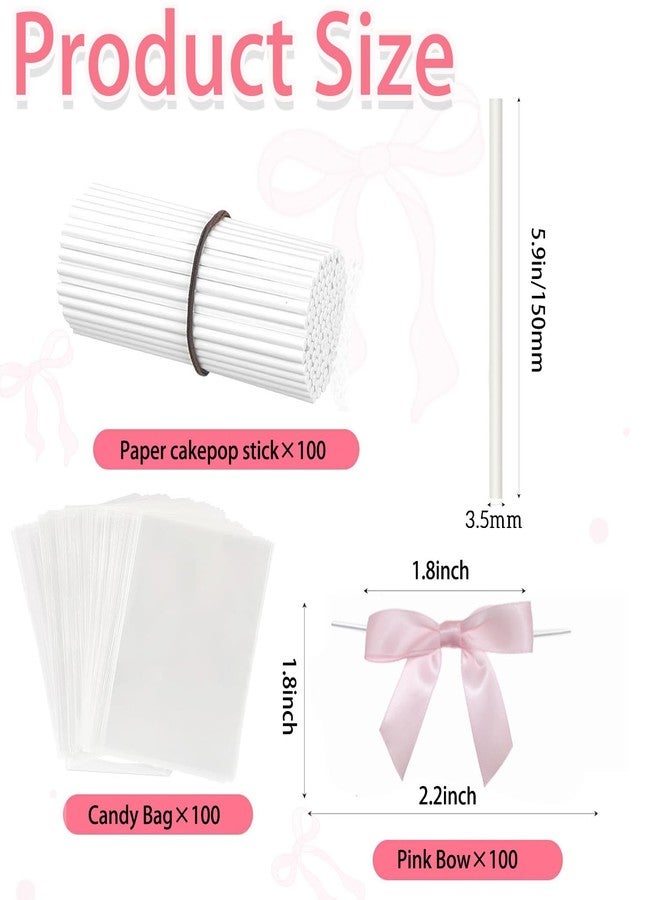 Moonlik 300Pcs cake pop sticks and Treat Bags Kit Including 100 Cakepop Wrappers with 100 Pink Bow Ties and 100 Lollipop Sticks for Rice Krispies, Candies, Chocolate, Wedding Baby Shower Packaging - Image 2