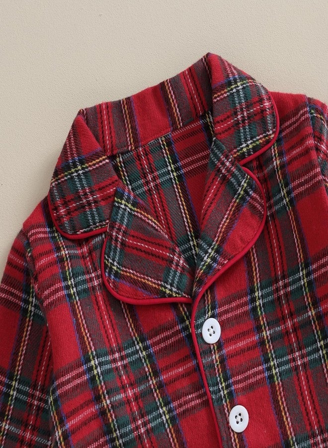 fyclemt Kids Baby Boy Girl Christmas Pajamas Set Long Sleeve Red Plaid Button Down Shirt Pants Toddler Pjs Girls Nightgowns Sleepwear (Red, 12-18 Months) - Image 3