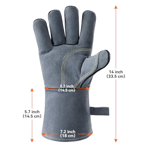 OZERO 932°F Heat Resistant Forge Welding Gloves 14 inches Cowhide Leather - Long Sleeve and Insulated Lining Grill Glove for Tig Welder/Mig/Barbecue/Stove Gray - Image 2
