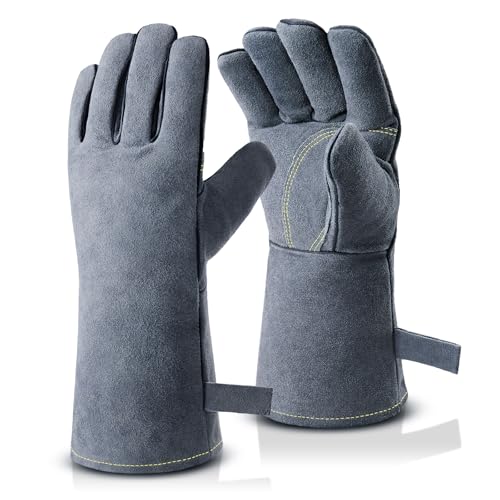 OZERO 932°F Heat Resistant Forge Welding Gloves 14 inches Cowhide Leather - Long Sleeve and Insulated Lining Grill Glove for Tig Welder/Mig/Barbecue/Stove Gray - Image 1