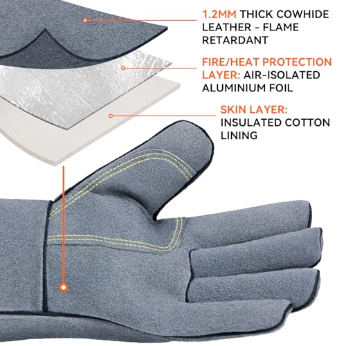 OZERO 932°F Heat Resistant Forge Welding Gloves 14 inches Cowhide Leather - Long Sleeve and Insulated Lining Grill Glove for Tig Welder/Mig/Barbecue/Stove Gray - Image 3
