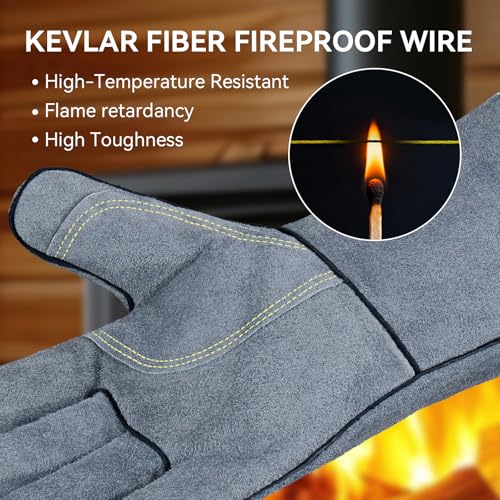 OZERO 932°F Heat Resistant Forge Welding Gloves 14 inches Cowhide Leather - Long Sleeve and Insulated Lining Grill Glove for Tig Welder/Mig/Barbecue/Stove Gray - Image 5