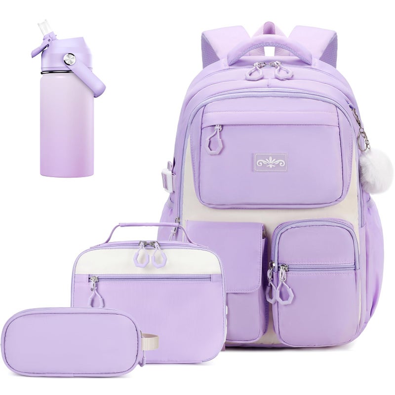 Scothen 4pcs Kids School Backpack for Girls, Kids Bookbag Backpack with 14OZ Water Bottle, Lunch Bag for Girls Kid Teens Elementary Middle School Student, Back To School Gift - Image 1