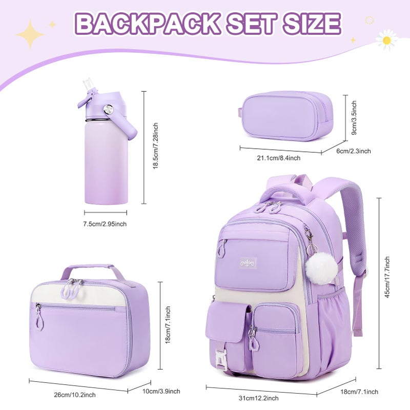 Scothen 4pcs Kids School Backpack for Girls, Kids Bookbag Backpack with 14OZ Water Bottle, Lunch Bag for Girls Kid Teens Elementary Middle School Student, Back To School Gift - Image 2
