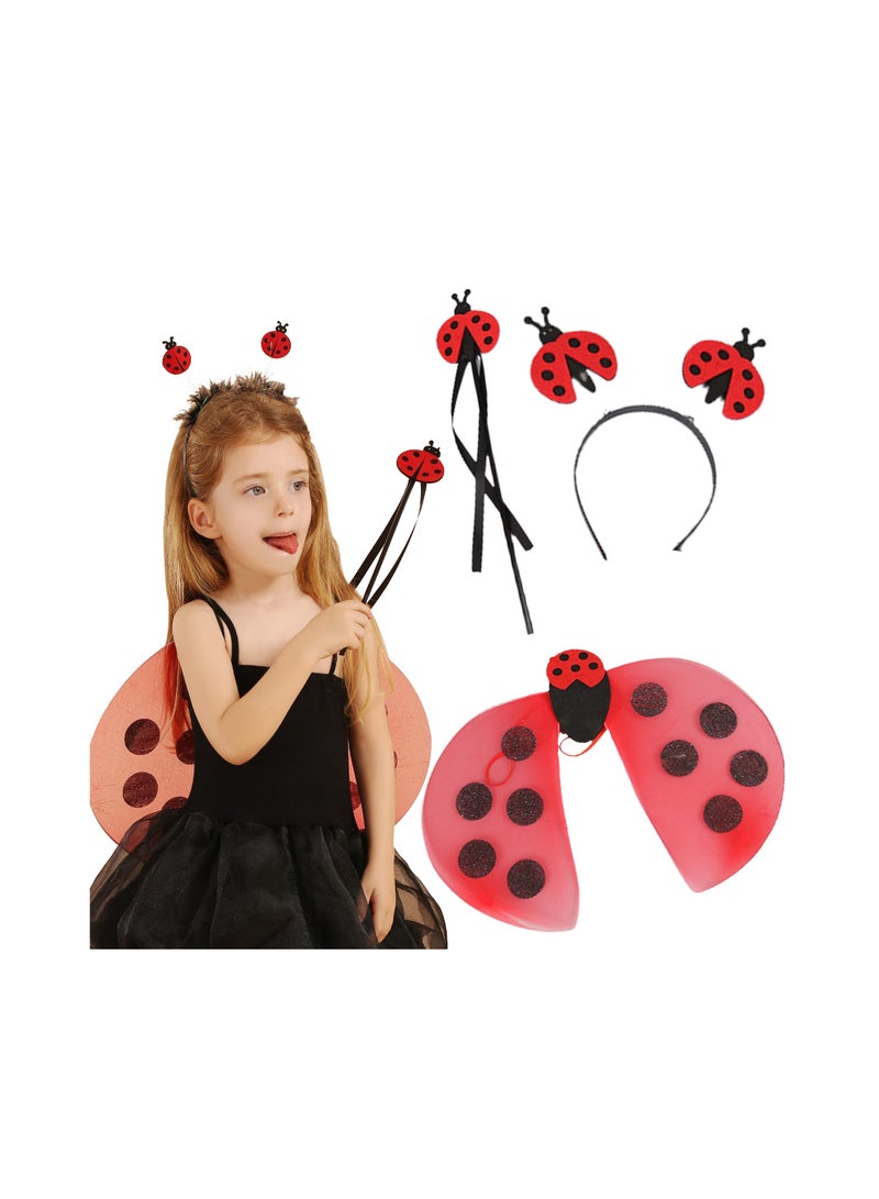 Zikra Girls Ladybug Costume Headband Wand Fairy Wings Dress Up for Party Supplies Carnival Stage Performance Birthday Role Playing Toddler Girl Boys - Image 3