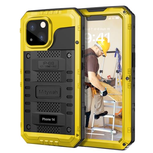 Mitywah Waterproof Case for iPhone 14, Heavy Duty Shockproof Case with Built-in Screen Protector, Full Body Underwater Protective Metal Case 6.1 inch, Yellow - Image 1