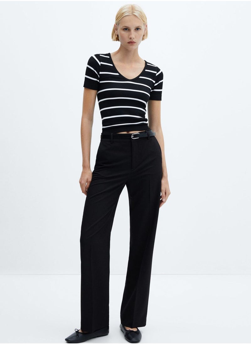 MANGO - Striped Scoop Neck Crop Top - Image 1