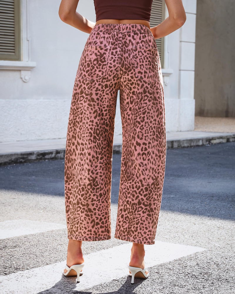 GRAPENT High Waisted Baggy Jeans for Women High Waisted Jeans for Women Rise Barrel Pull on Barrel Pants Baggy Pink Leopard Size Small US 4 to 6 - Image 3