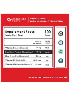 CARBAMIDE FORTE Chelated Iron Supplement For Women And Men With Vitamin C, B12, Zinc 100 Veg Iron And Folic Acid Tablets  - Image 2