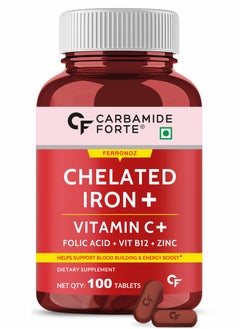 CARBAMIDE FORTE Chelated Iron Supplement For Women And Men With Vitamin C, B12, Zinc 100 Veg Iron And Folic Acid Tablets  - Image 1