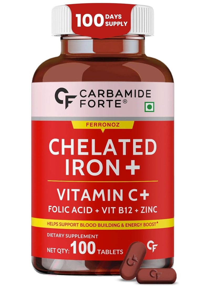 CARBAMIDE FORTE Chelated Iron Supplement For Women And Men With Vitamin C, B12, Zinc 100 Veg Iron And Folic Acid Tablets  - Image 1