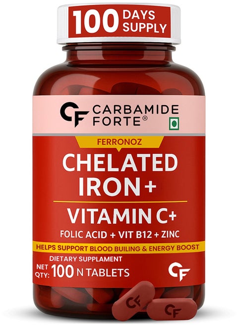 Chelated Iron Supplement For Women And Men With Vitamin C, B12, Zinc 100 Veg Iron And Folic Acid Tablets