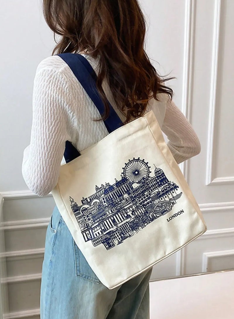 العوده للمدارس حقيبه نسائيه مصنوعة من كانفاس سميك عالي الجودة للاستخدام طويل الأمد مزينة بطباعة مدينة لندن مناسبه للسفر، والدراسة، والعمل،  المشاوير اليومية والجامعه - Image 1