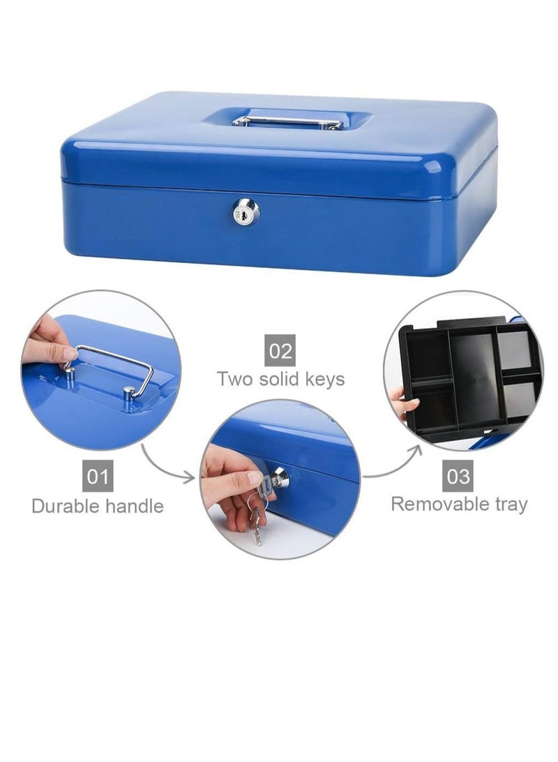 Bluejw صندوق نقدي كبير من الصلب مع صينية وقفل صندوق أموال محمول متين للفواتير والمجوهرات والإيصالات والعملات الزرقاء - Image 3