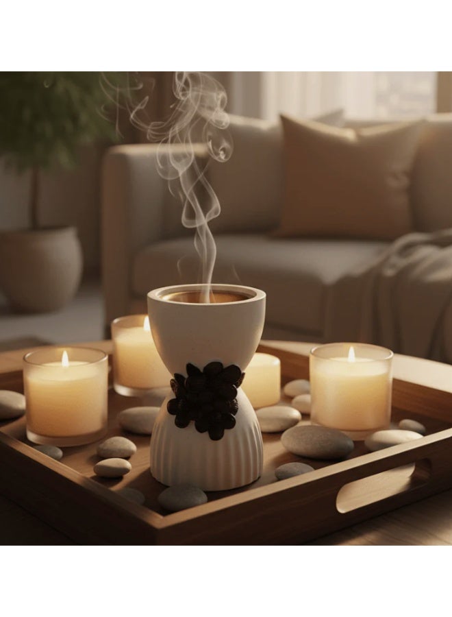 AKDC Chalk Incense Burner with Black Floral Accent - White/Cream, 10x6cm - Image 2