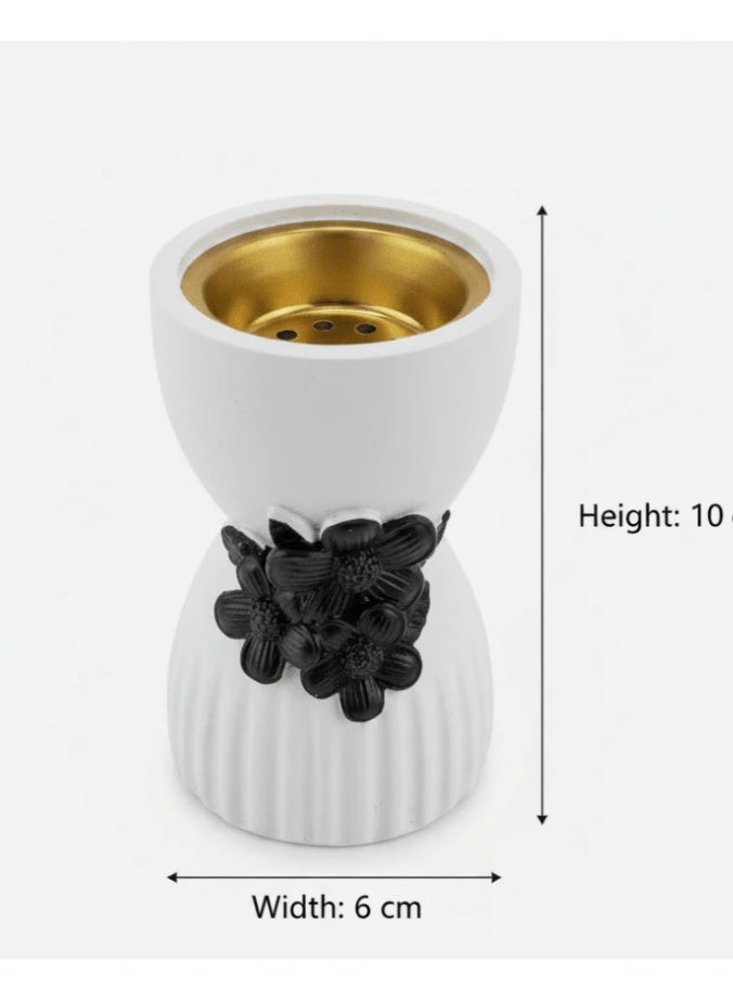 AKDC Chalk Incense Burner with Black Floral Accent - White/Cream, 10x6cm - Image 1