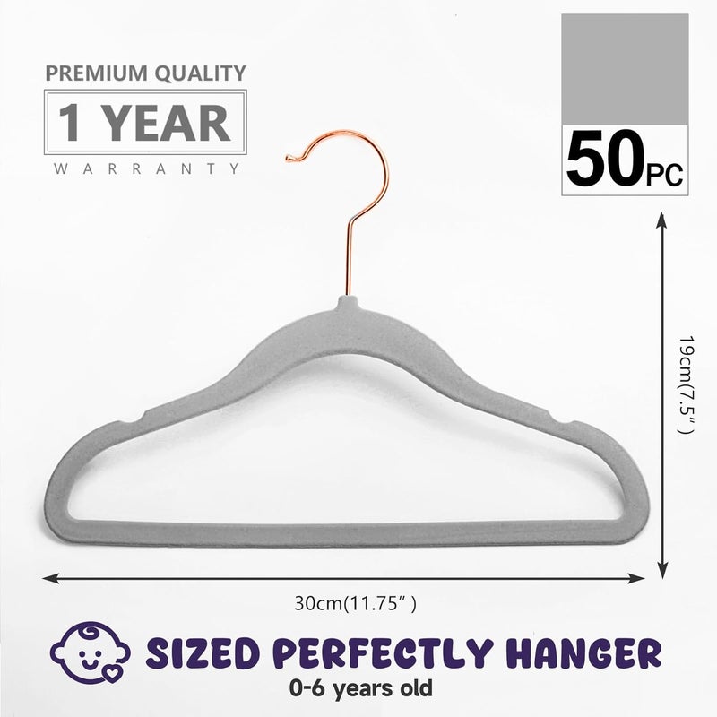 MIZGI Premium Kids Velvet Hangers - Pack of 50 with Copper/Rose Gold Hooks, Non-Slip and Space Saving (Gray) - Image 2