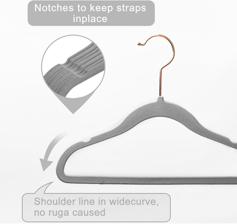 MIZGI Premium Kids Velvet Hangers - Pack of 50 with Copper/Rose Gold Hooks, Non-Slip and Space Saving (Gray) - Image 3