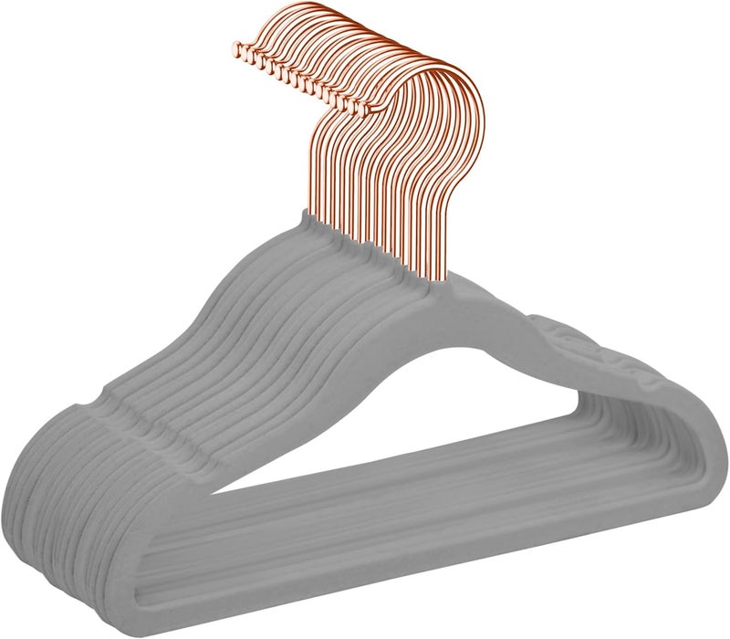 MIZGI Premium Kids Velvet Hangers - Pack of 50 with Copper/Rose Gold Hooks, Non-Slip and Space Saving (Gray) - Image 1