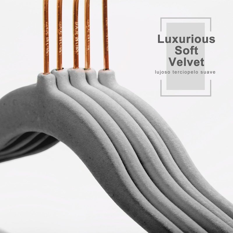 MIZGI Premium Kids Velvet Hangers - Pack of 50 with Copper/Rose Gold Hooks, Non-Slip and Space Saving (Gray) - Image 5