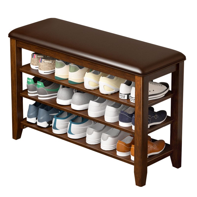 Taitiy Entryway Shoe Storage Bench with Leather Cushion, Shoe Organizer Bench for Entryway, Ideal for Hallways Front Doors Entrances Mudrooms Featuring Rubberwood And 3 Height-Adjustable and Removable Shelve - Image 1