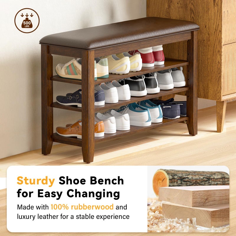 Taitiy Entryway Shoe Storage Bench with Leather Cushion, Shoe Organizer Bench for Entryway, Ideal for Hallways Front Doors Entrances Mudrooms Featuring Rubberwood And 3 Height-Adjustable and Removable Shelve - Image 3