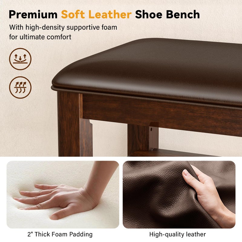 Taitiy Entryway Shoe Storage Bench with Leather Cushion, Shoe Organizer Bench for Entryway, Ideal for Hallways Front Doors Entrances Mudrooms Featuring Rubberwood And 3 Height-Adjustable and Removable Shelve - Image 4
