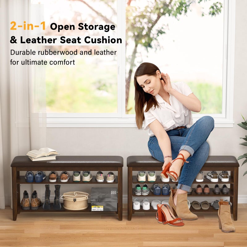 Taitiy Entryway Shoe Storage Bench with Leather Cushion, Shoe Organizer Bench for Entryway, Ideal for Hallways Front Doors Entrances Mudrooms Featuring Rubberwood And 3 Height-Adjustable and Removable Shelve - Image 2