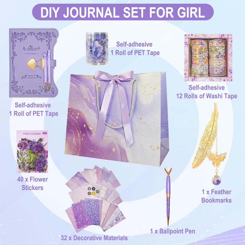 Hokoad Diy Junk Journal Kit, Scrapbook Supplies Kit Includes B6 Diary with Lock and Key Flower Stickers Tape Roller, Stationary Diary Supplies Birthday Craft Gifts for Scrapbookers, Purple - Image 2