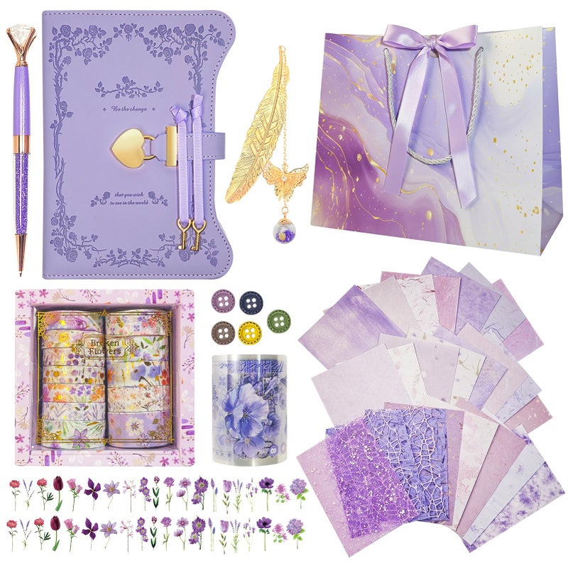 Hokoad Diy Junk Journal Kit, Scrapbook Supplies Kit Includes B6 Diary with Lock and Key Flower Stickers Tape Roller, Stationary Diary Supplies Birthday Craft Gifts for Scrapbookers, Purple - Image 1