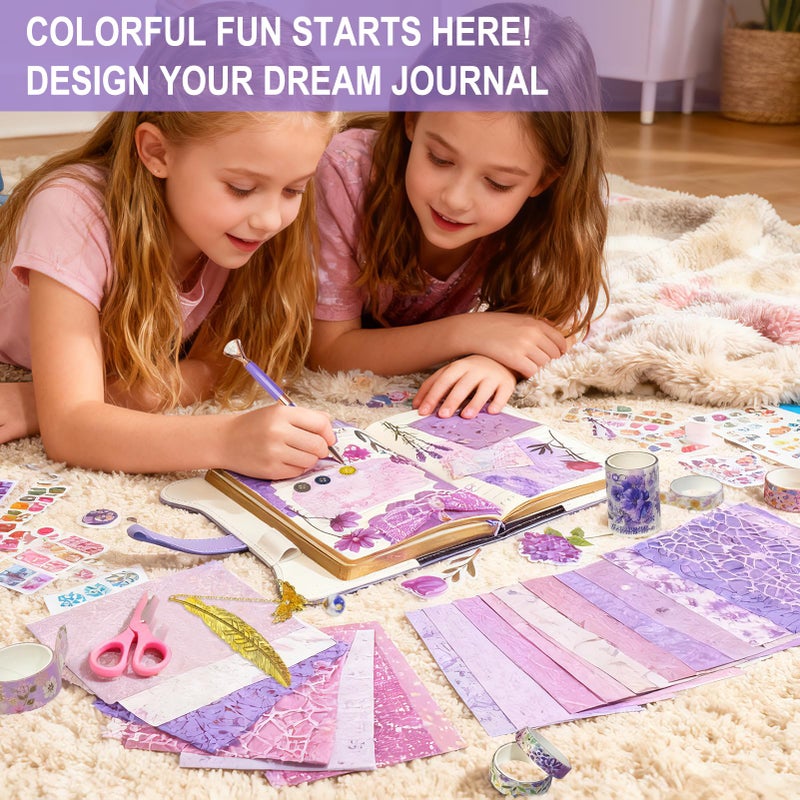 Hokoad Diy Junk Journal Kit, Scrapbook Supplies Kit Includes B6 Diary with Lock and Key Flower Stickers Tape Roller, Stationary Diary Supplies Birthday Craft Gifts for Scrapbookers, Purple - Image 5