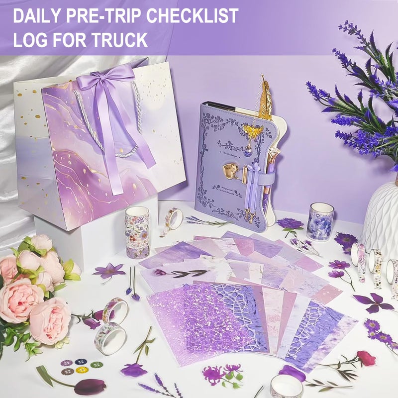 Hokoad Diy Junk Journal Kit, Scrapbook Supplies Kit Includes B6 Diary with Lock and Key Flower Stickers Tape Roller, Stationary Diary Supplies Birthday Craft Gifts for Scrapbookers, Purple - Image 3