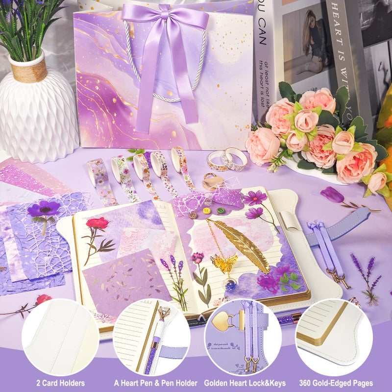 Hokoad Diy Junk Journal Kit, Scrapbook Supplies Kit Includes B6 Diary with Lock and Key Flower Stickers Tape Roller, Stationary Diary Supplies Birthday Craft Gifts for Scrapbookers, Purple - Image 4