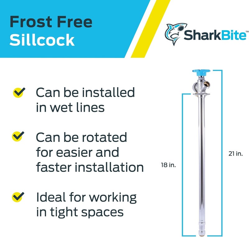 SharkBite 18 Inch Frost Free Sillcock, 1/2 x 3/4 Inch MHT, Push to Connect Brass Plumbing Fitting, PEX Pipe, Copper, CPVC, PE-RT, HDPE, 24638LF - Image 3