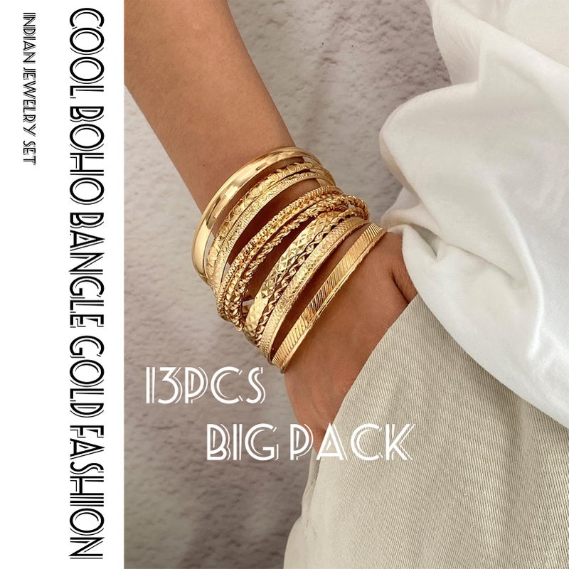 17IF 13 Pcs Gold Bangle Bracelet For Women, 14k Multilayer Charm Textured Stackable Bracelets Boho Indian Chunky Simple Cuff Fashion Jewelry Gift - Image 3