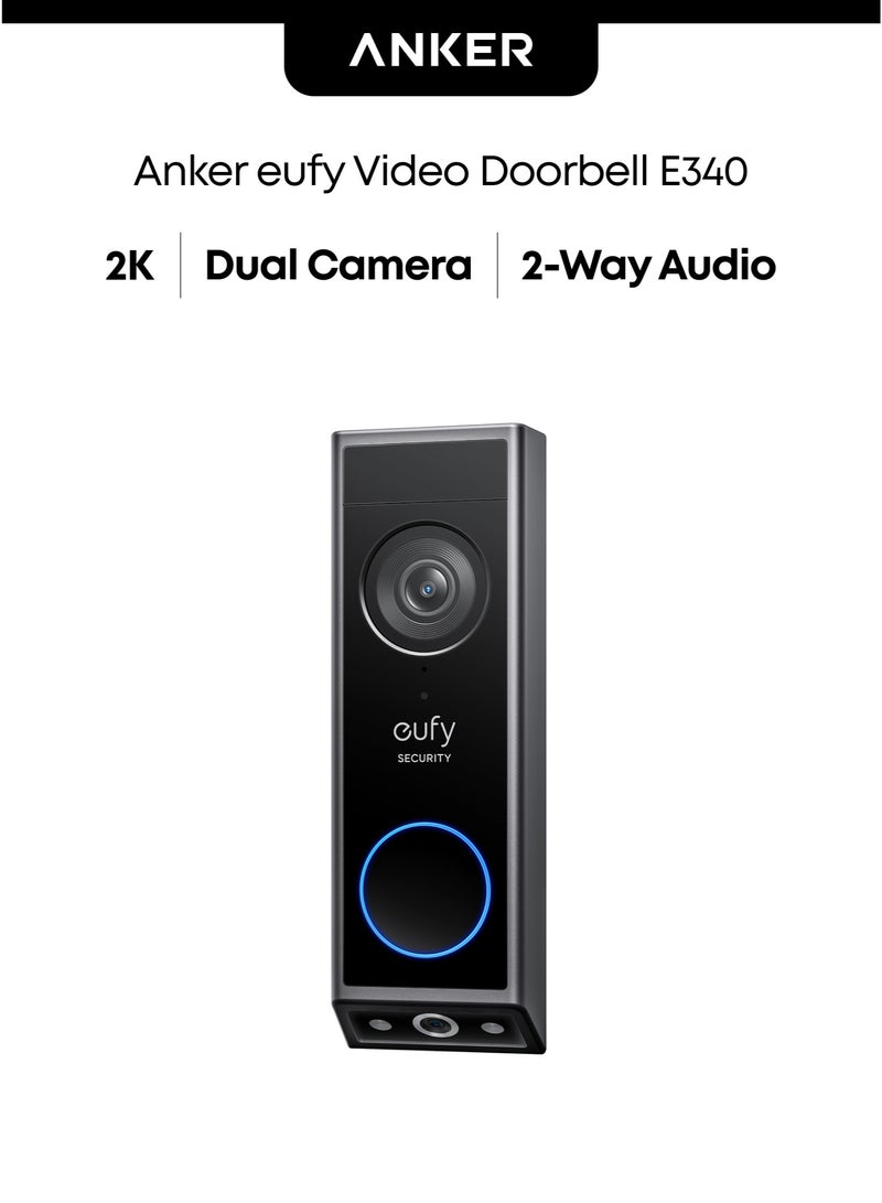 eufy جرس باب فيديو أمان eufy E340 (يعمل بالبطارية)، كاميرات مزدوجة مع حماية التوصيل، دقة 2K Full HD ورؤية ليلية ملونة، متوافق مع HomeBase S380، بدون رسوم شهرية - Image 1