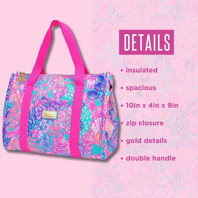 Lilly Pulitzer Cute Lunch Bag for Women, Large Capacity Insulated Tote Bag, Pink/Blue Mini Cooler with Storage Pocket and Shoulder Straps, Splendor in the Sand - Image 4