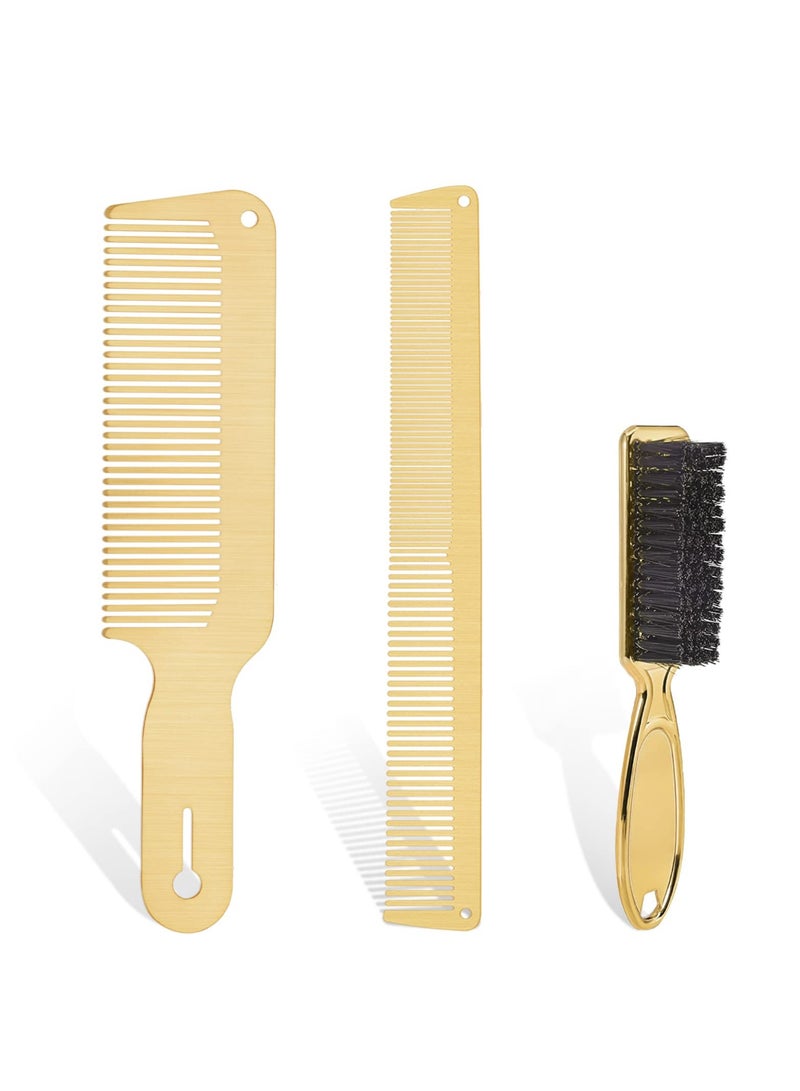 SYOSI 3 Pieces Metal Comb and Barber Brush Set, Stainless Steel Barber Flat Top Comb Fine Styling Cutting Comb Barber Cleaning Brush for Men Women Salon - Image 1
