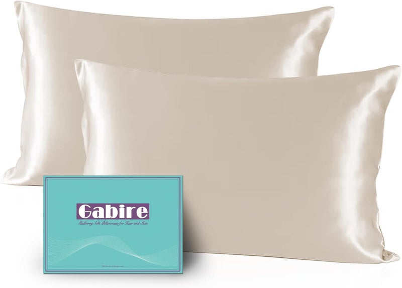 Gabire Mulberry Silk King Size Pillow Cases Set of 2, Ultra Smooth Soft Cooling Organic Silk Pillowcases with Hidden Zipper, Prevent Acne Silk Pillow Cases 2 Pack King (20"×36"), Beige - Image 1
