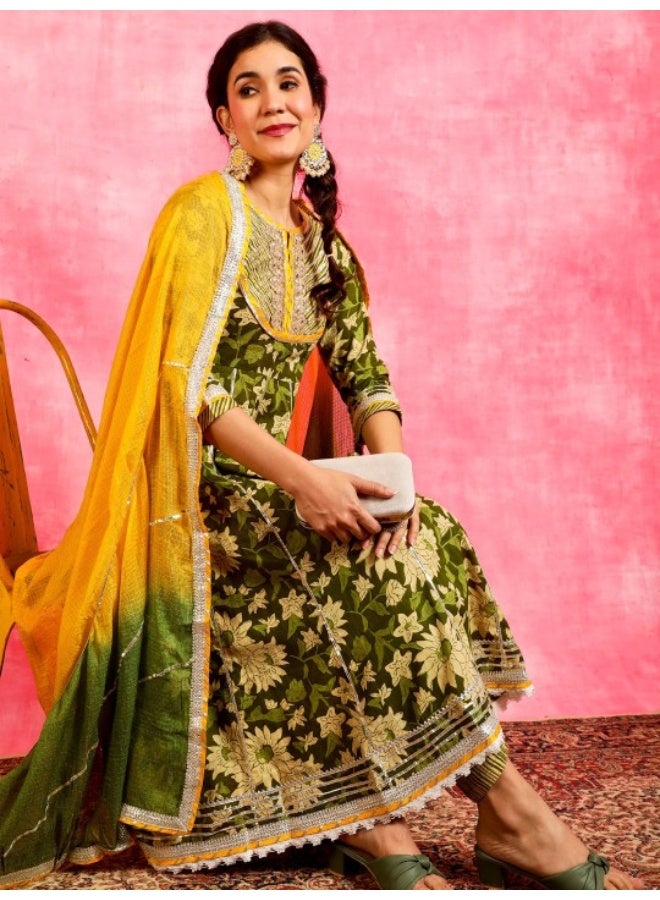 AKS Green & Yellow Floral Printed Lace Work Anarkali & Palazzo With Dupatta Set - Image 1