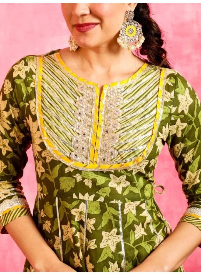 AKS Green & Yellow Floral Printed Lace Work Anarkali & Palazzo With Dupatta Set