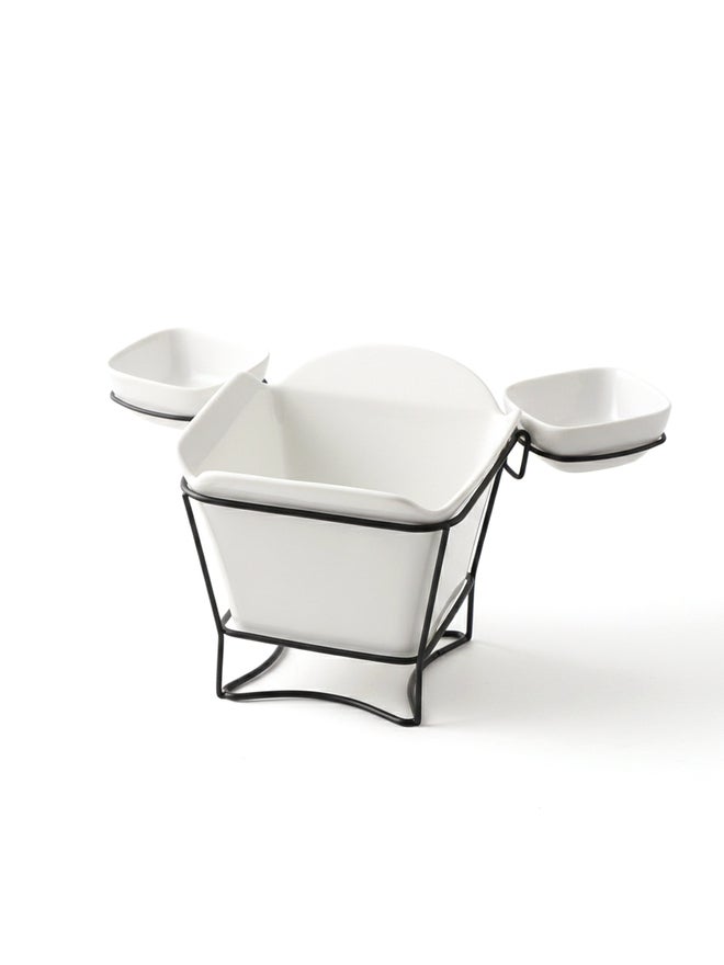Shallow 3-Piece Porcelain French Fries Holder with Stand and 2-Dip Bowls, 17cm - Image 1