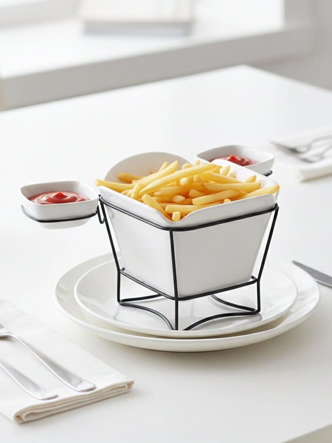 Shallow 3-Piece Porcelain French Fries Holder with Stand and 2-Dip Bowls, 17cm - Image 3