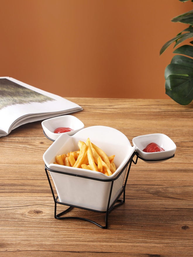 Shallow 3-Piece Porcelain French Fries Holder with Stand and 2-Dip Bowls, 17cm - Image 5