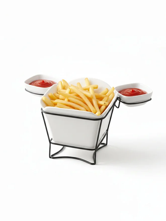 Shallow 3-Piece Porcelain French Fries Holder with Stand and 2-Dip Bowls, 17cm
