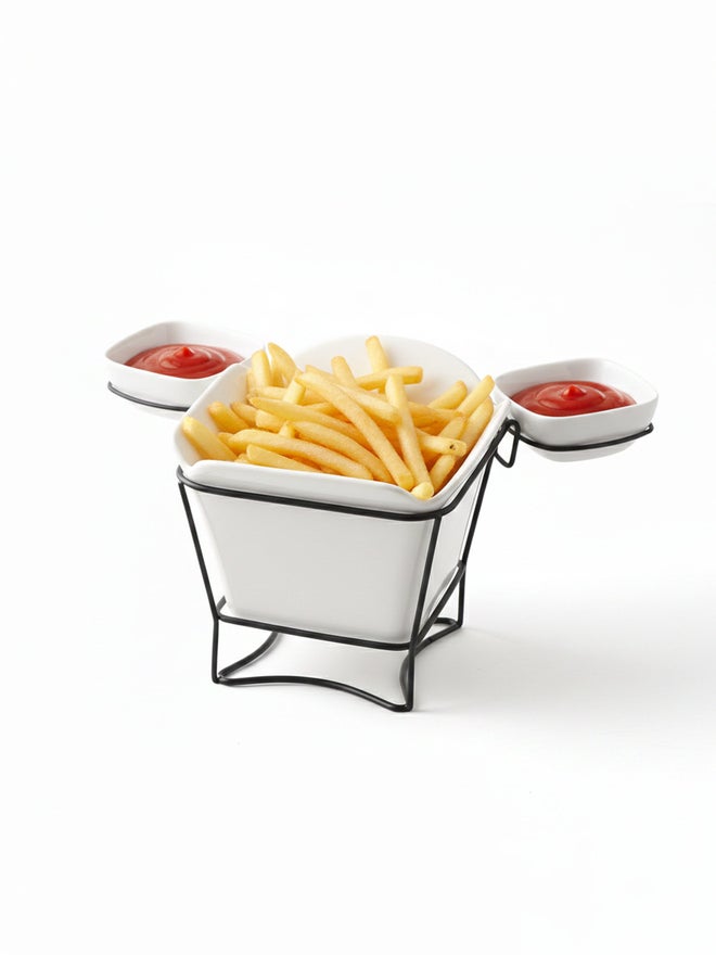 Shallow 3-Piece Porcelain French Fries Holder with Stand and 2-Dip Bowls, 17cm - Image 2