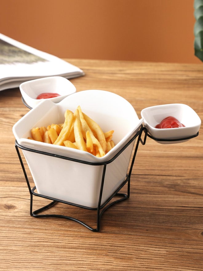 Shallow 3-Piece Porcelain French Fries Holder with Stand and 2-Dip Bowls, 17cm - Image 4