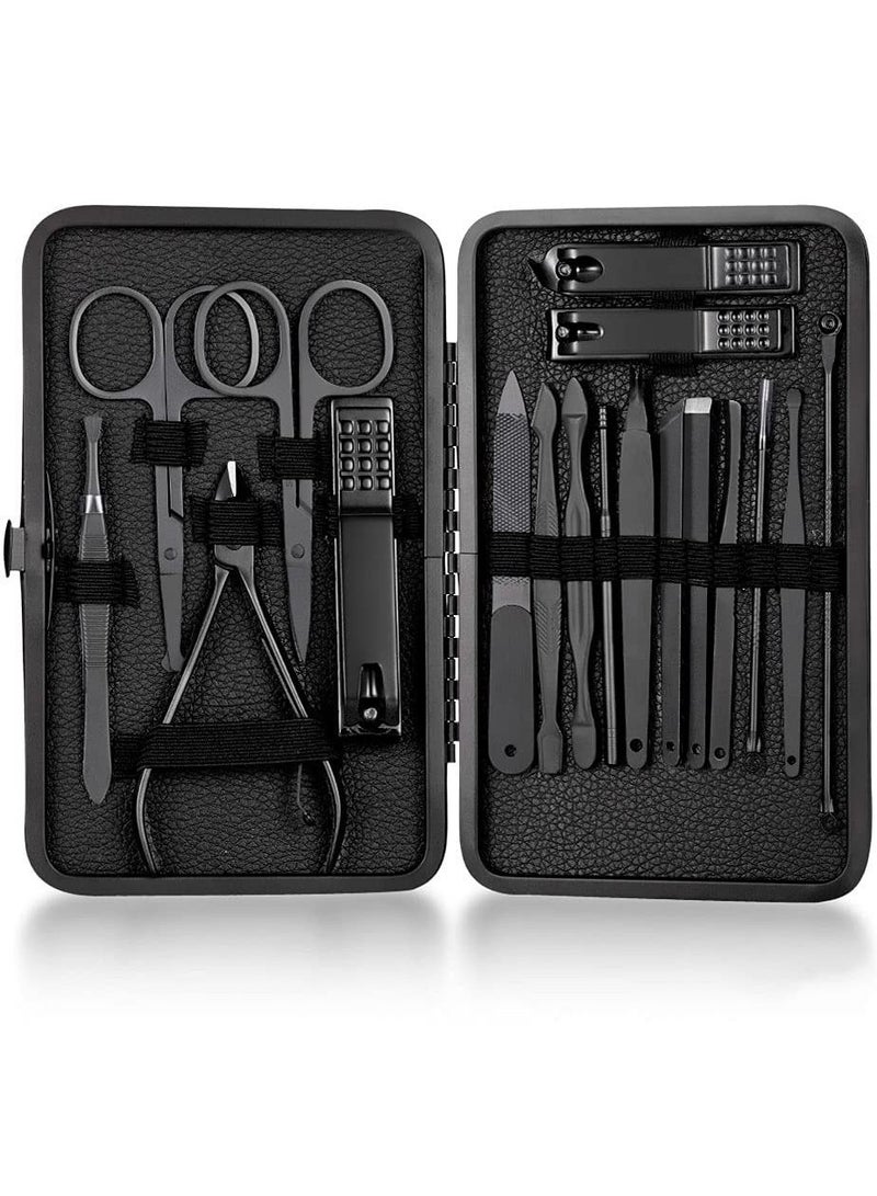 Arabest Professional Nail Clippers Set 18 pcs, Black Stainless Steel Sharp Nail Trimmer Pedicure and Manicure Set with Cortex Metal Case for Men and Women - Image 1