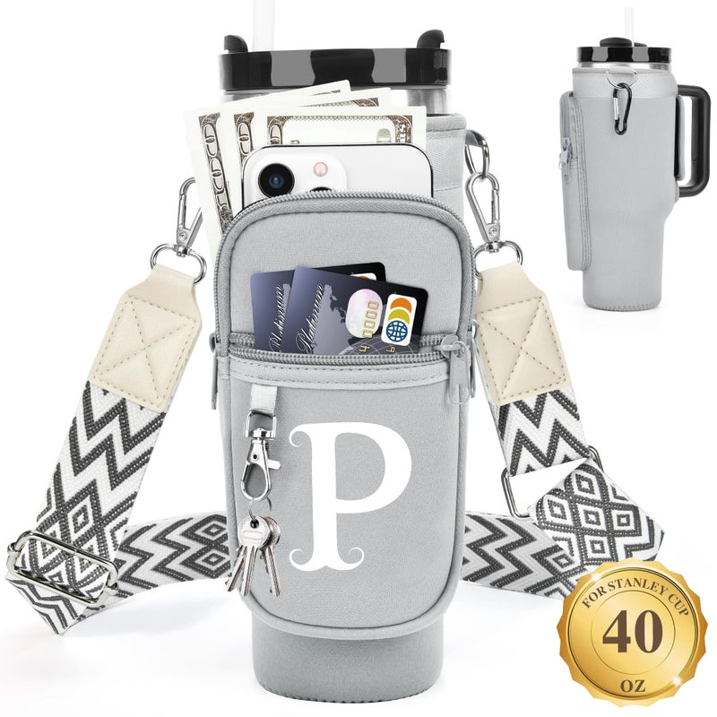 LOKASS Personalized Water Bottle Holder with Strap for Stanley Cup Accessories 40 oz Initial for Stanley Cup Holder Carrier Bag with Phone Pocket Everyday Carry Tumbler Accessories Gray - Image 2